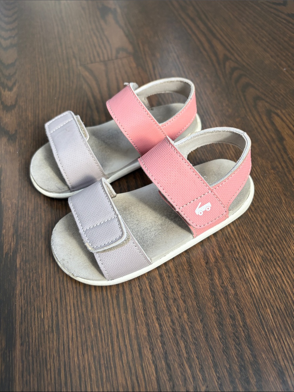 See Kai Run Pink and Light Gray Velcro Strap Sandals. Toddler 9